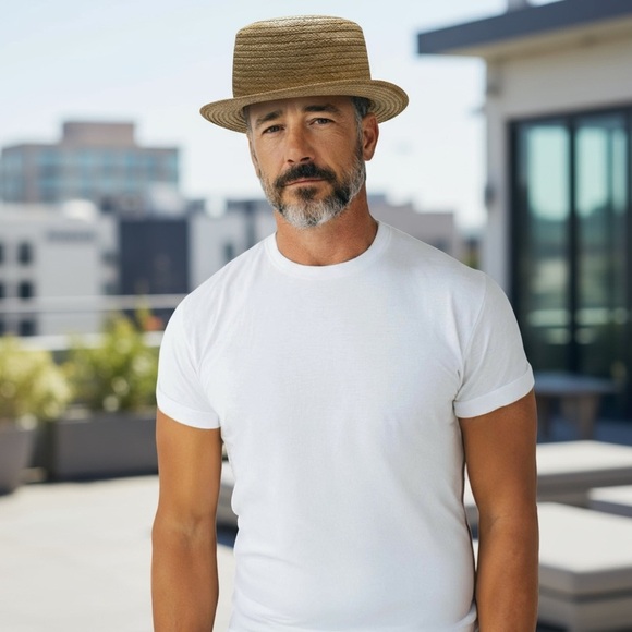 RAT PACK Cavanagh Palm Straw Boater Fedora Hat with in a 7 1/2 - Picture 1 of 7